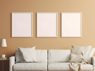 Three blank frames mockup hang in a living room