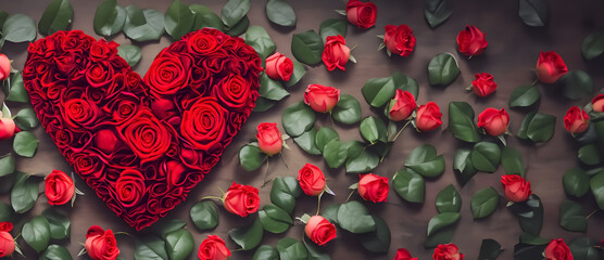 Banner mit einem Herz aus  roten Rosen links und einzelnen Rosen rechts, Valentinstag