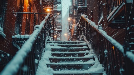 Snowbound Alleys, Close-Up of Fire Escape Stairs Laden with Snow, Old Brick Buildings in Soft Focus, Highlighting the Overlooked Corners of the City in Winter.