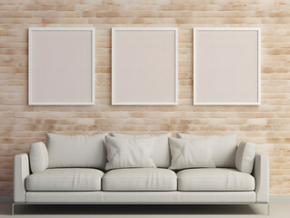 Three blank frames mockup hang in a living room