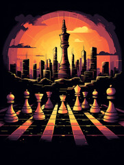 T-shirt design, a fusion of a chessboard and a city skyline at sunset created with Generative Ai