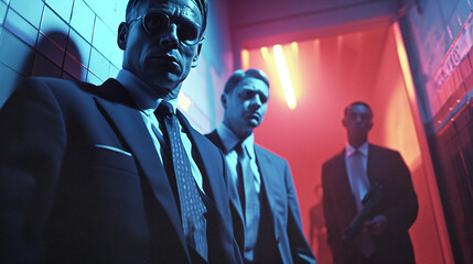three men in business suits in a dramatic pose with cinematic lighting