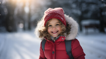 Fototapeta na wymiar a girl in a red hat and coat in the snow