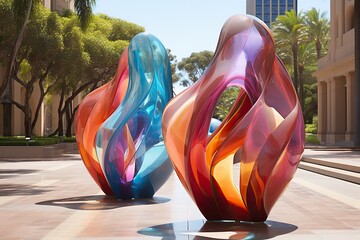 Abstract colorful twisted sculptures in a public plaza under a clear sky, creating dynamic shadows
