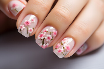 Woman's fingernails with seasonal spring cherry tree flower nail art design - obrazy, fototapety, plakaty