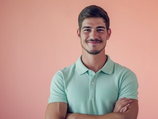 Portrait of a Confident Young Man in Pastel Pink Polo. Generative AI.
