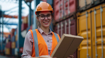 Portrait of smiling in helmets woman order details and checking goods . logistic and business export