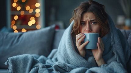 Sad sick woman with headache and runny nose sits on the sofa at home, wrapped in a gray blanket and drinks a hot drink. Treatment of colds and flu