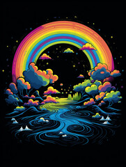 Obraz na płótnie Canvas T-shirt design, a vibrant design of a rainbow, but each color transforms into a different weather phenomenon created with Generative Ai