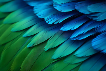 Close up of colorful blue and green feathers of exotic parrot bird