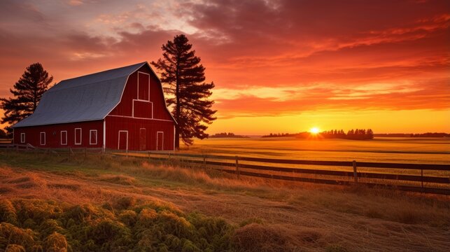 Red barn in a field at sunset