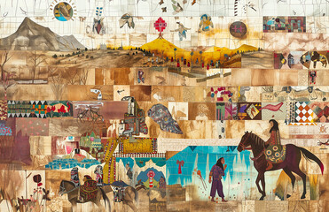 indigenous quilt blanket artwork depicting native american life and habitats 