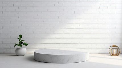 an empty marble podium on a bathroom table set before a white brick wall, a composition a minimalist modern style.