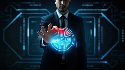 a businessman using fingerprint identification to access personal financial data, presenting an innovative idea for e-KYC (Electronic Know Your Customer) in a minimalist modern style composition.