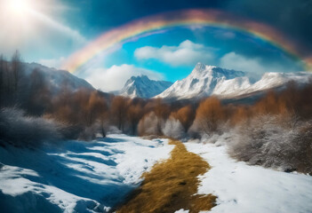 Incontro di Elementi- Panorama Montano Incantevole con uno Sfolgorante Arcobaleno nel Cielo Azzurro - obrazy, fototapety, plakaty