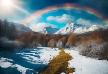 Deurstickers Incontro di Elementi- Panorama Montano Incantevole con uno Sfolgorante Arcobaleno nel Cielo Azzurro © Benedetto Riba