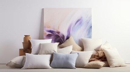 pillows and a blanket arranged on a white background, crafting a composition or scene in a minimalist modern style.