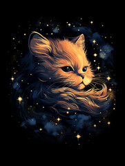 T-shirt design, a dreamy illustration of a sleeping cat, its fur made up of countless constellations and galaxies created with Generative Ai