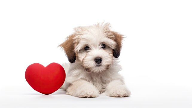 a cute lover Valentine Havanese puppy dog lying with a red heart, isolated on a white background, embodying a minimalist modern style composition.