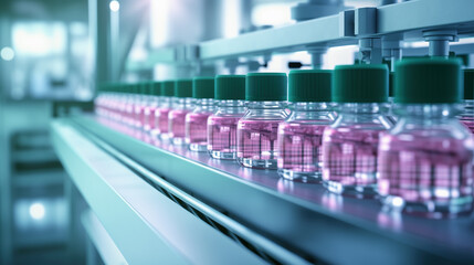 Production of cosmetics, healthcare products, and pharmaceuticals. Glass bottles with pink product on a conveyer belt. Modern manufacturing facility. Life sciences industry, biotechnology.