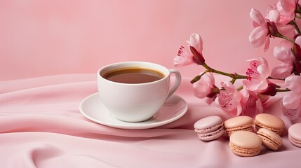 Fototapeta na wymiar a flower composition with a pink orchid, a steaming cup of coffee or hot drink, and a macaroon on a pastel pink background of Valentine's Day and Happy Women's Day.
