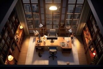 High-end executive office with a desk, PC, and shelves, viewed from above. Generative AI