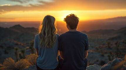 Couple watching sunset in desert, warm golden hour light, back view, serene landscape
