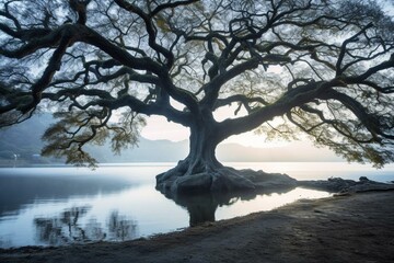 Enormous tree stretches branches towards heavens amidst lake. Generative AI