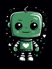 T-shirt design, Minimalist white on a green background negative space whimsical cuteness, Robot created with Generative Ai