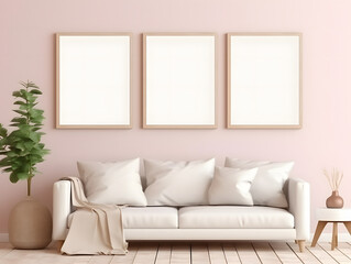 Fototapeta na wymiar Three blank frames mockup hang in a living room