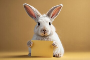 rabbit with blank card on yellow background