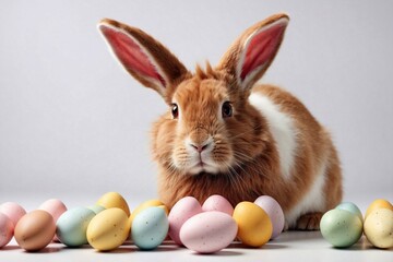 Fototapeta na wymiar red easter bunny and easter eggs