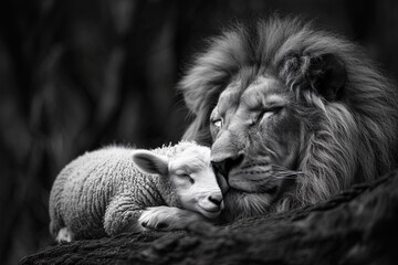 Lion resting beside a peaceful lamb, symbolizing the harmony and peace found in the Kingdom of God. - obrazy, fototapety, plakaty