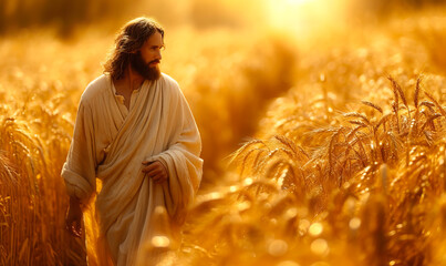 Jesus Christ walking in a wheat field. A biblical Christian photo for church publications. AI  - obrazy, fototapety, plakaty