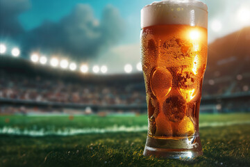 Glass of beer stands on green grass on soccer football field - obrazy, fototapety, plakaty