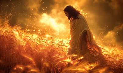 Jesus Christ walking in a wheat field. A biblical Christian photo for church publications. AI 