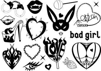 Bad girl Bdsm set. Mask of rabbit graphic icon, hearts, lips. Y2k glamour black tattoo art stickers. Vector illustration - obrazy, fototapety, plakaty