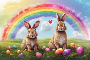 easter bunny and easter eggs under rainbow with heart, traditional holiday design, perfect for cards and greetings