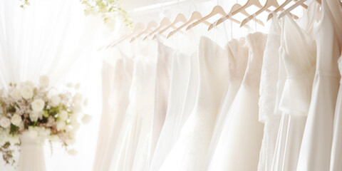 Luxurious wedding dresses on display in a bridal shop, offering a variety of styles and choices.