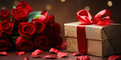 Romantic Valentine's Day gift box adorned with a heart, rose, and ribbon, creating a delightful atmosphere.