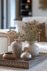 Close up of Mediterranean decoration on top of vintage table, concept of modern home decor and still life, luxury and peaceful lifestyle backgrounds.