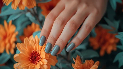 Fototapeten Glamour woman hand with trendy gray color nail polish manicure on fingers, touching summer flower petals, close up for cosmetic advertising, feminine product, romantic atmosphere use. © Jasper W