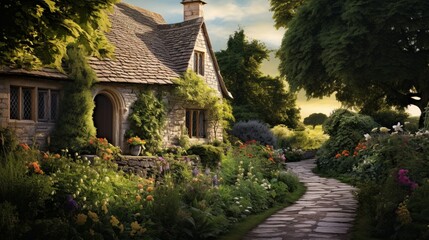 A picturesque countryside cottage surrounded by blooming gardens, featuring a clear area for text overlay amidst the charming scenery.  - Generative AI - obrazy, fototapety, plakaty