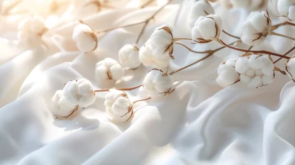 Foto op Plexiglas Cotton flower on white cotton fabric cloth backgrounds with copy space. © Jasper W