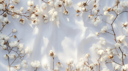 Cotton flower on white cotton fabric cloth backgrounds with copy space. - obrazy, fototapety, plakaty