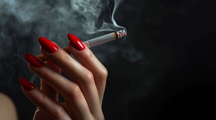 Woman's hand with red gorgeous manicure holding a cigarette between fingers with smoke on dark background with copy space.