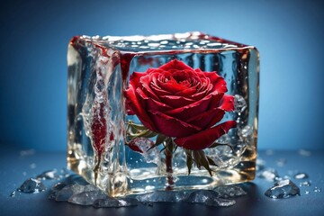 red rose in ice with water drops with copy space, banner photo