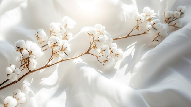 Cotton flower on white cotton fabric cloth backgrounds with copy space.