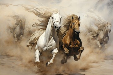 Obraz premium Whirling sandstorm horsemen, riding on gusts of wind with unrivaled speed - Generative AI