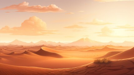 A picturesque desert vista with sand dunes and a beautiful sunset, providing an open area for text placement against the desert backdrop. - Generative AI
